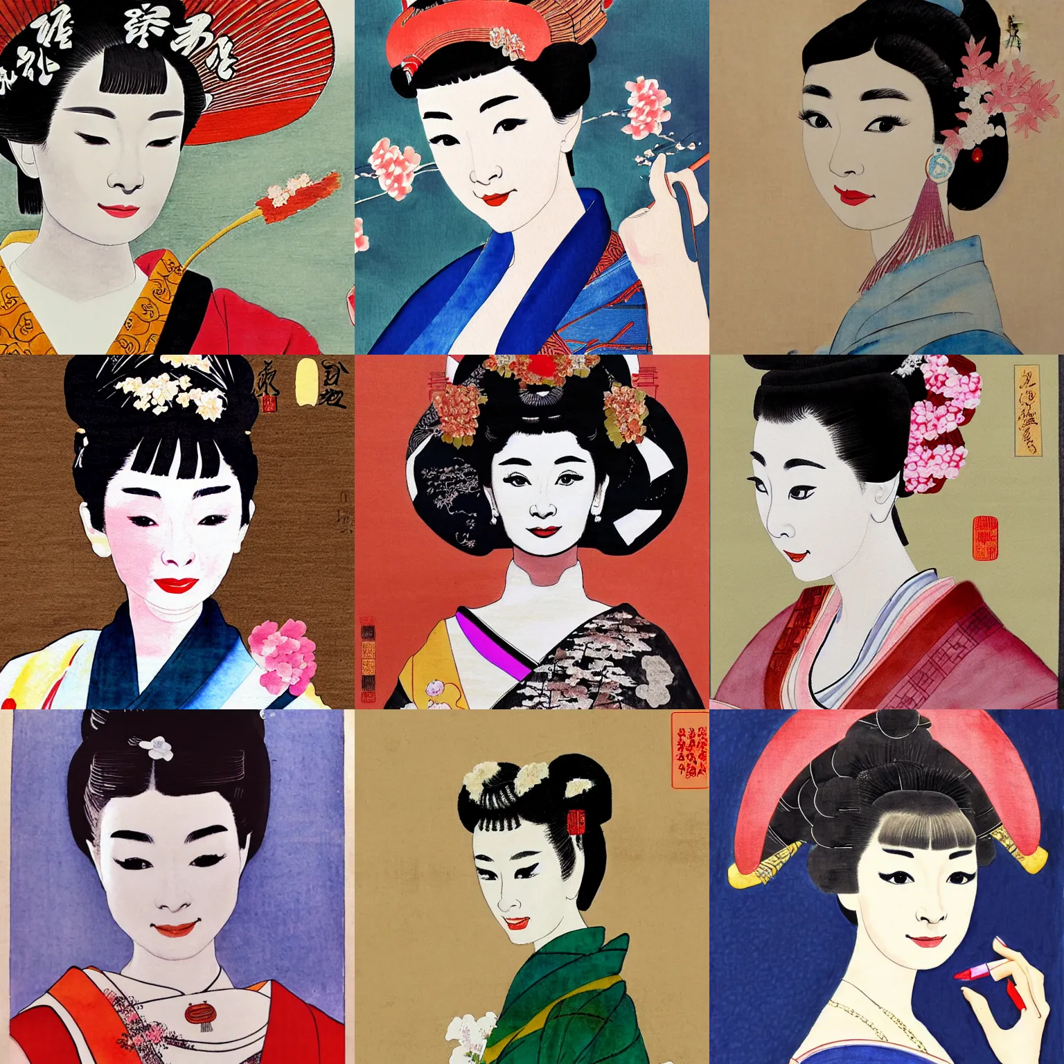 Prompt: a painting of audrey hepburn as maiko in the style of ancient Chinese watercolor, super detailed, hd, 4k