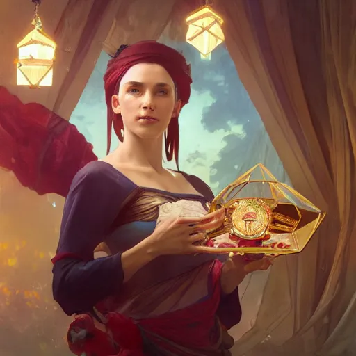 Image similar to a fortune teller holding a wrapped birthday gift with a confused look on their face, art by artgerm and greg rutkowski and alphonse mucha, concept art, octane render, unreal engine 5, highly detailed, high quality, 8 k, soft lighting, realistic face, path traced