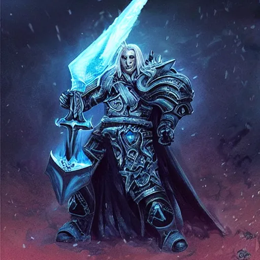 Prompt: “ arthas the lich king with his sword on blue fire ”