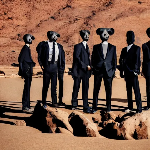 Image similar to Contamporary art fashion photography of ultra mega super hyper realistic detailed group of monkey's in suits standing around very highly detailed Obsidian monolith in the desert