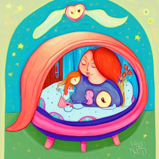 Prompt: a little cute sleepy girl in her bedroom and her mother singing lullabies next to her by Jeremiah Ketner