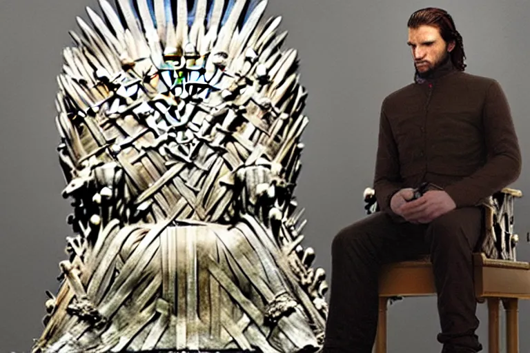 Image similar to man sitting, on a throne made of dollars, in the style of alex ross, game of thrones