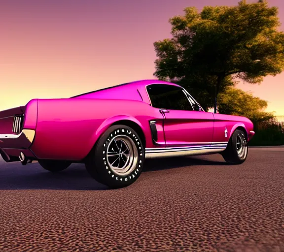 Image similar to shot of 1967 Ford mustang Shelby GT500 in pink color at sunset in front a beach, realistic reflections, 4k, HD Photography, unreal engine 5