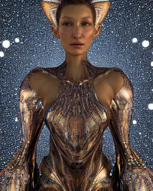 Image similar to a highly detailed metahuman 4 k close up render of an alien goddess bella hadid as alien in iris van herpen dress schiaparelli in diamonds crystals swarovski and jewelry iridescent in style of alphonse mucha gustav klimt trending on artstation made in unreal engine 4