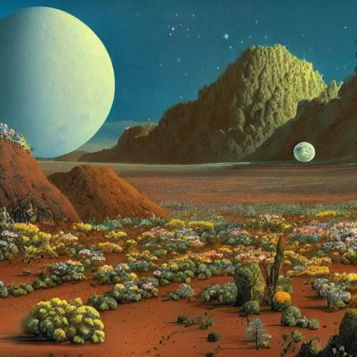 Prompt: a landscape on the moon with many craters, barren moon landscape, a broken moon lander, in a big crater at the center there is a beautiful flowering garden, 8 k, lowbrow in the style of martin johnson heade and daniel merriam and roger dean,