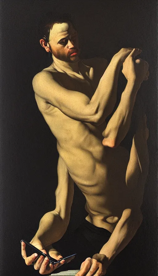 Prompt: hyperrealistic still life painting of a man illuminated by blue light from his phone, by Caravaggio, dark room, botanical print