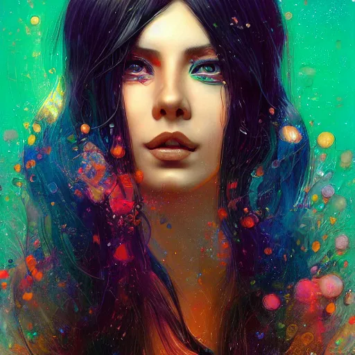 Image similar to a beautiful detailed colorful illustration of an attractive female with long black hair covering part of her face, centered, glamour portrait, by karol bak and beeple, trending on artstation and 5 0 0 px and behance, extreme detailing, realistic, f 8, 4 k hd wallpaper