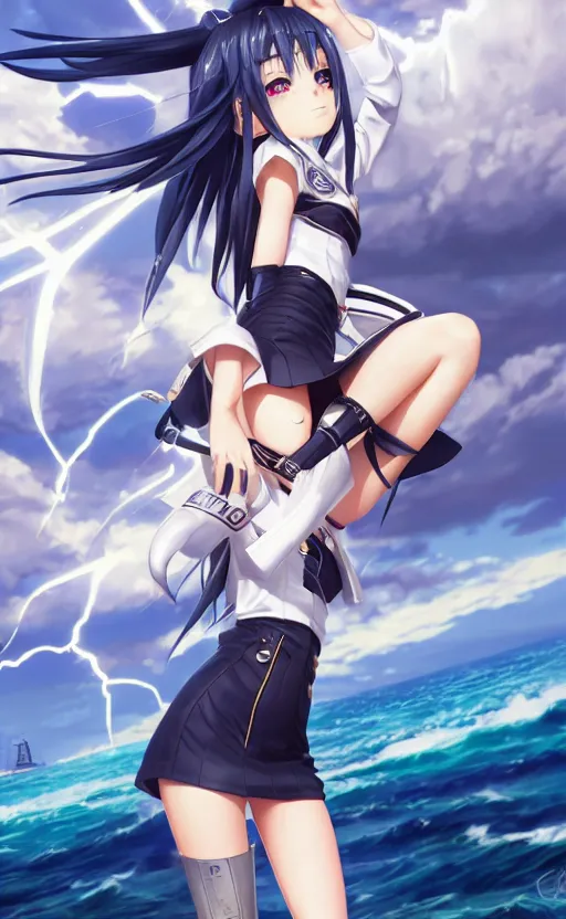 Image similar to highly detailed, character art, octane, stunning, realistic lightning, realistic ocean, characters from azur lane, matte, sharp focus, intricate, 150mm, illustration, artstation, professional digital painting, art by masashi kishimoto and kuvshinov ilya, realistic anatomy, smooth, female sailor uniforms, explosions, a single girl in the view