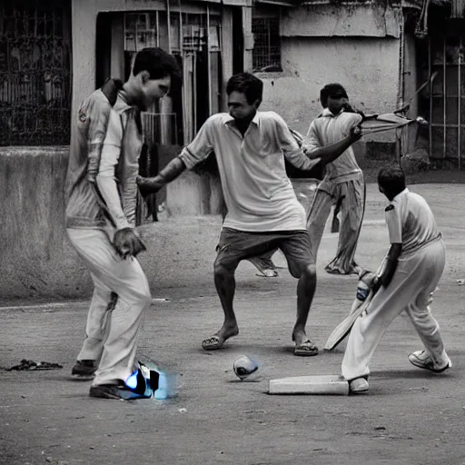 Image similar to four guys playing a game of cricket, on an indian street, award winning image, national geographic, dslr 3 0 mm image, black and white, wow, gorgeous