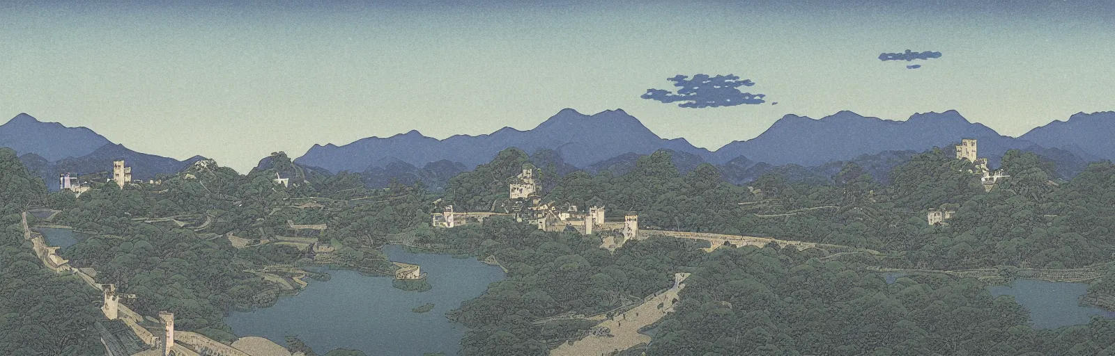 Image similar to landscape painting of multiple large interconnected castles,moat,bridge,mountains,digital art,night sky,by Paul Bril and Kawase Hasui masterpiece,high quality,pretty,fantasy,impossible