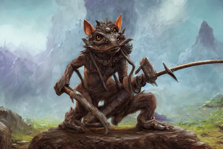 Prompt: a lone d & d kobold, traveling long dirt road, hobo stick over shoulder, fantasy setting, 4 k, super detailed, short draconic humanoid race, digital art