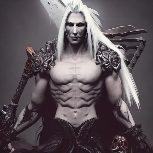 Image similar to demonic sephiroth, au naturel, hyper detailed, digital art, trending in artstation, cinematic lighting, studio quality, smooth render, unreal engine 5 rendered, octane rendered, art style by klimt and nixeu and ian sprigger and wlop and krenz cushart