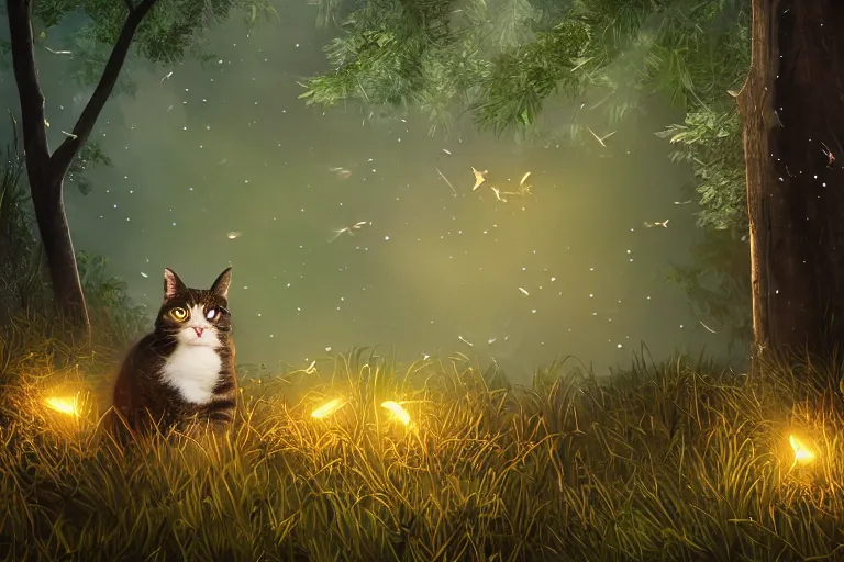 Prompt: a cat in a forest at night with fireflies, backlighting, trending on artstation, night lighting, cgi, bokeh