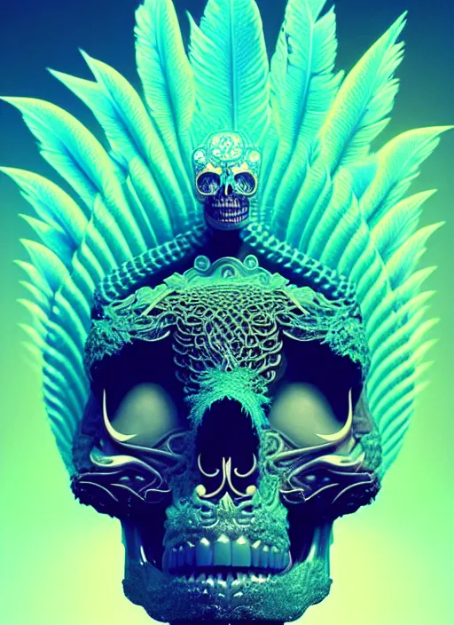 Image similar to 3 d goddess portrait, micro details global illumiantion beautiful intricate highly detailed quetzalcoatl skull and feathers. bioluminescent, plasma, lava, ice, water, wind, creature, thunderstorm! artwork by tooth wu and wlop and beeple and greg rutkowski, 8 k trending on artstation,