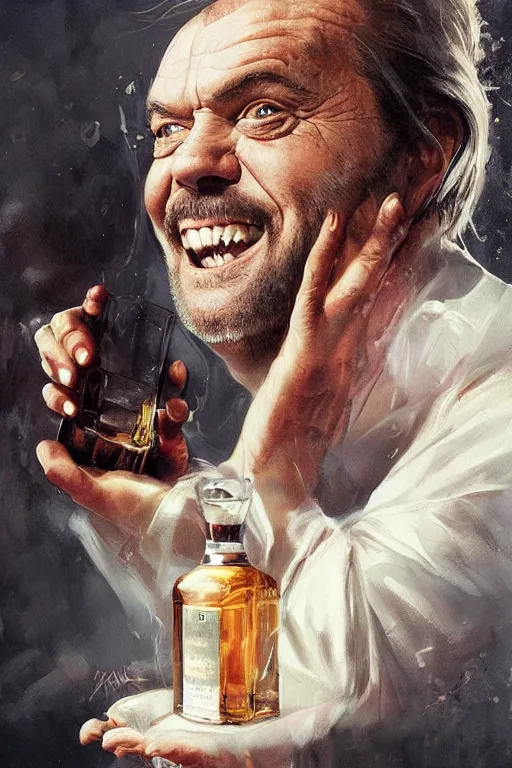 Prompt: a ship in a bottle but instead of a ship it is jack nicholson in the bottle, a young jack nicholson, fancy whiskey bottle, masterpiece painting by artgerm, ruan jia, jakub rebelka, tom bagshaw