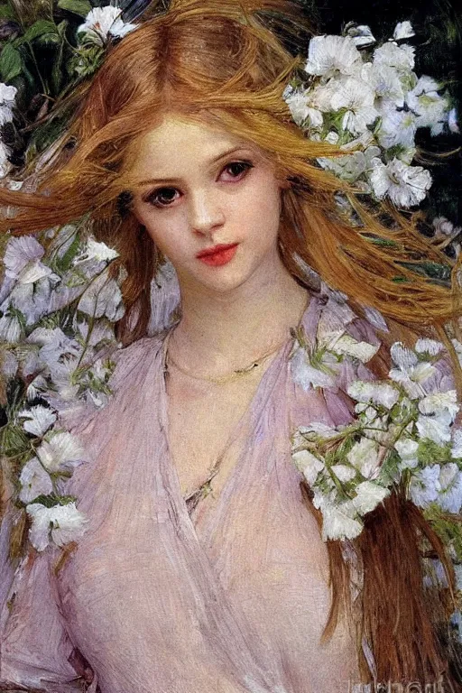 Image similar to close - up fashion woman portrait airy flowers clouds art by vasnetsov