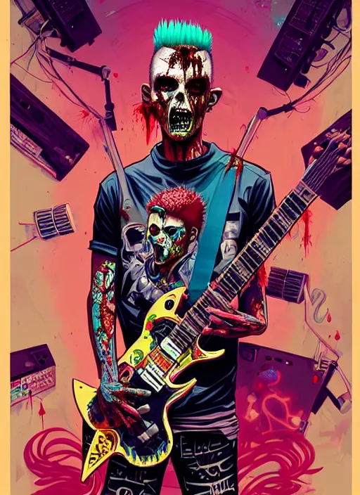 Image similar to a zombie punk rocker with a mohawk playing electric guitar, tristan eaton, victo ngai, artgerm, rhads, ross draws