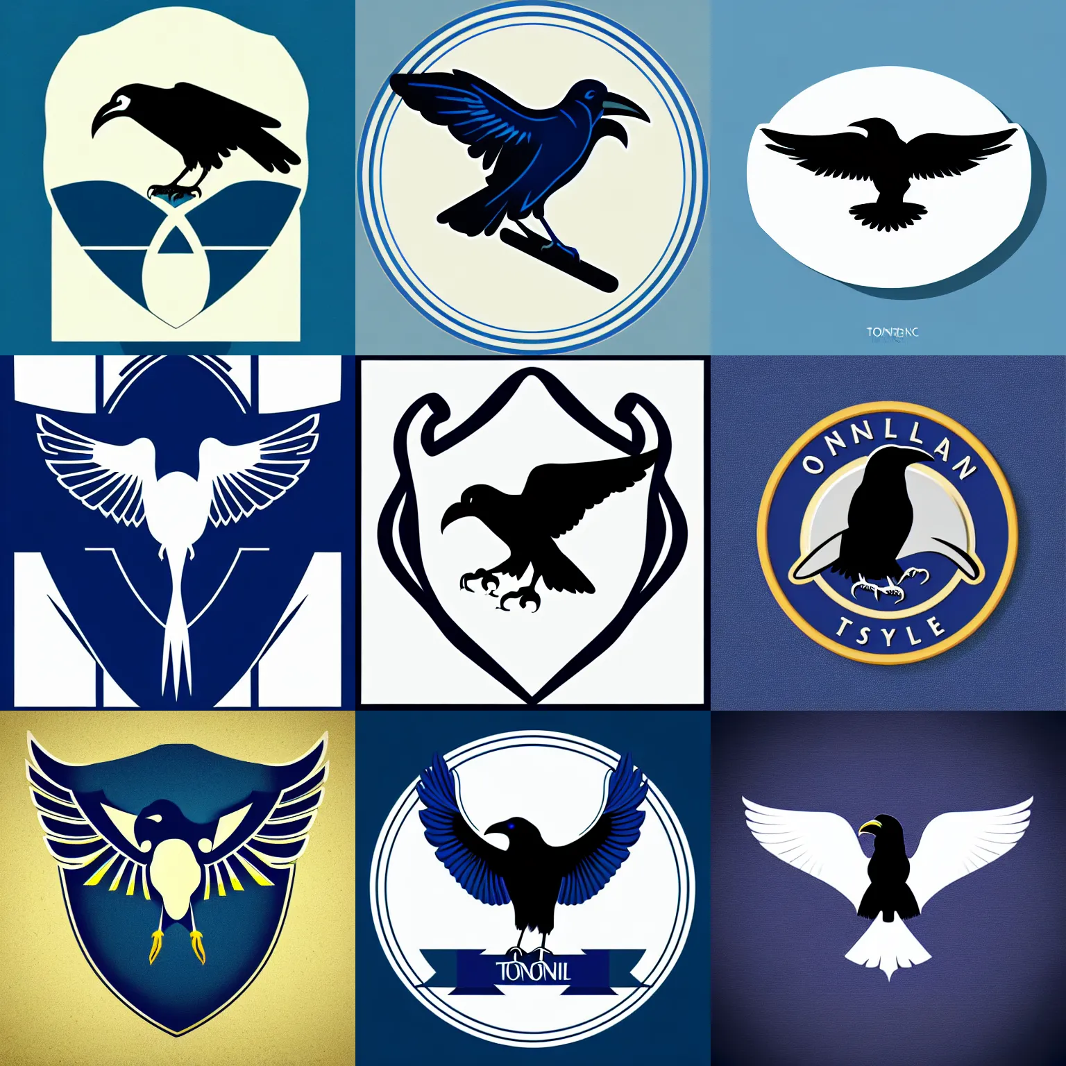 Prompt: tonalist style emblem portraying a raven, corporate logo, art deco, stylized, iconic, vector art, two - tone, clean lines, ultramarine blue and titanium white