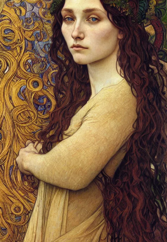 Image similar to detailed realistic beautiful young medieval queen face portrait by jean delville, alphonse mucha, vincent van gogh, and marco mazzoni, art nouveau, symbolist, visionary, gothic, pre - raphaelite