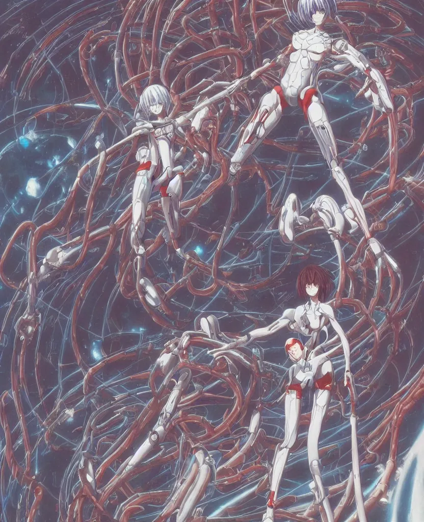 Image similar to female anime character rei ayanami cyborg in the center giygas epcotinside a space station eye of providence beksinski finnian vivid hr giger to eye hellscape mind character environmental