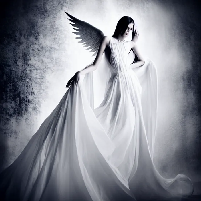 Prompt: photo portrait of a beautiful woman like a dark fallen angel, total body dressed in long elegant intricate ornamental white dress, fine art photography by Giovanni Gastel, professional studio dramatic lighting, volumetric lighting, dramatic colors scheme , hyper realistic photography in style of Vogue Fashion magazine