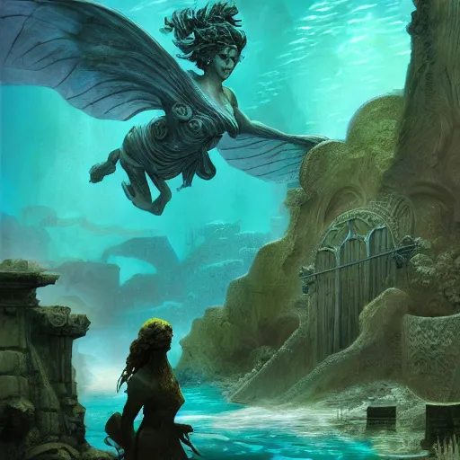 Prompt: beautiful interesting detailed matte digital Magic The Gathering illustration by Marc Simonetti of an underwater garden with a statue of Poseidon and a statue of Aphrodite, teal turqoise aqua and green color palette, seaweed bioluminescence fish coral treasure and ancient ruins, trending on artstation hq
