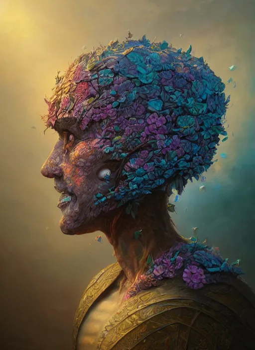 Image similar to helmet of a forgotten deitymade of flower petals, in the style of tomasz alen kopera and fenghua zhong and peter mohrbacher, mystical colors, rim light, beautiful lighting, 8 k, stunning scene, raytracing, octane, trending on artstation