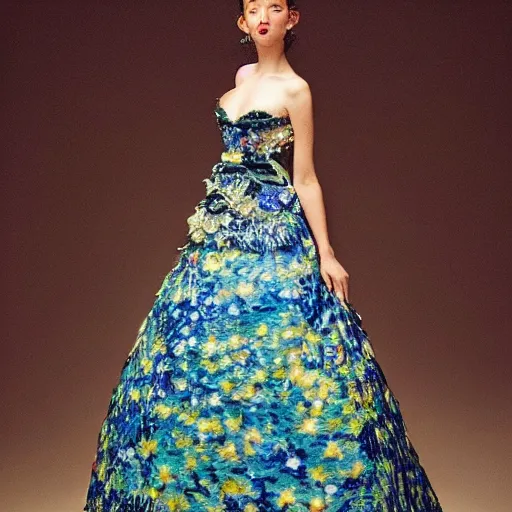 Image similar to Stunning a magnificent and intricate ball gown inspired by Van Gogh's Starry Night. Studio lighting