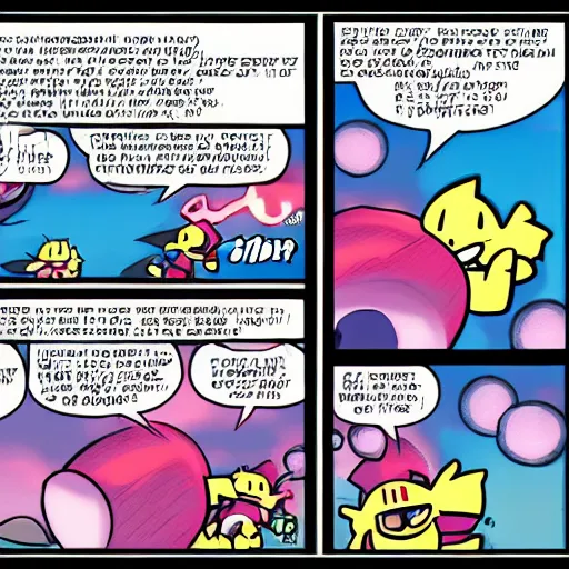 Image similar to a 4-panel comic about Kirby fighting pokemon in the style of calvin and hobbes