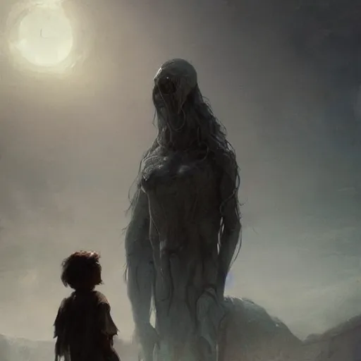 Image similar to a beautiful terrifying immense pale humanoid giant looms over a tiny human. ethereal horror fantasy art by greg rutkowski