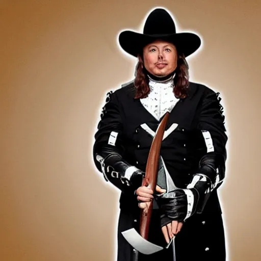 Prompt: elon musk as a musketeer, he has a big black hat and holds a shiny sword
