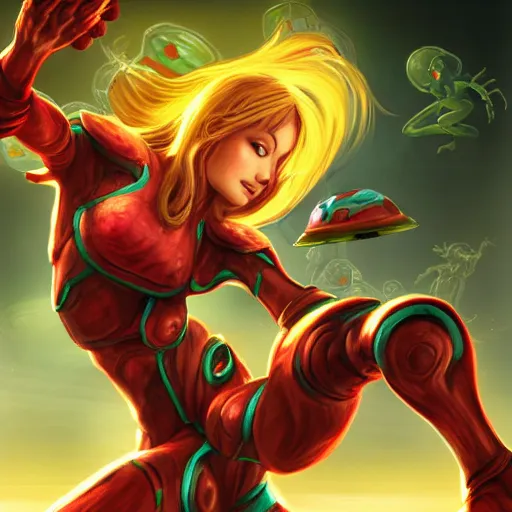 Prompt: Samus Aran with a baby metroid, mid-shot, fantasy, medieval, vivid colors, elegant, concept art, sharp focus, beautiful face, digital art, Hyper-realistic, 4K, Unreal Engine, Highly Detailed, HD, Dramatic Lighting by Brom, trending on Artstation