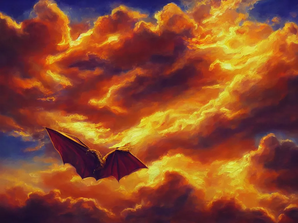 Image similar to A Gold Dragon flying in sunset clouds, realistic oil painting