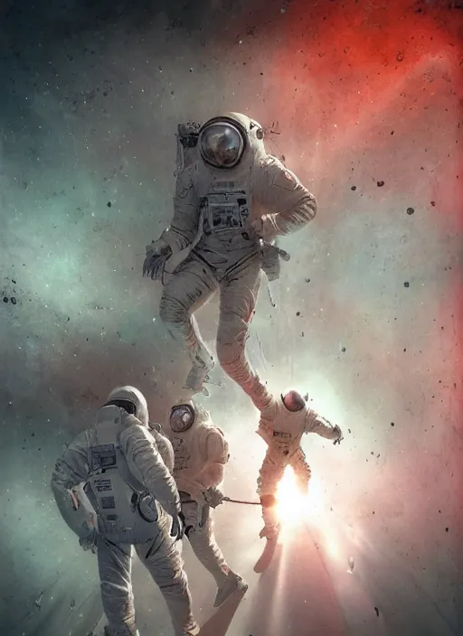 Image similar to astronauts in dark and empty void underwater - complex and hyperdetailed technical suit. reflection and dispersion materials. rays and dispersion of light. volumetric light. 5 0 mm, f / 3 2. noise film photo. flash photography. ultra realistic, wide angle. poster by wayne barlowe, hajime sorayama aaron horkey, craig mullins