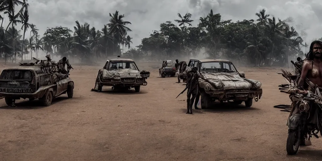 Image similar to sri lankan mad max style, city, film still, epic shot cinematography, rule of thirds