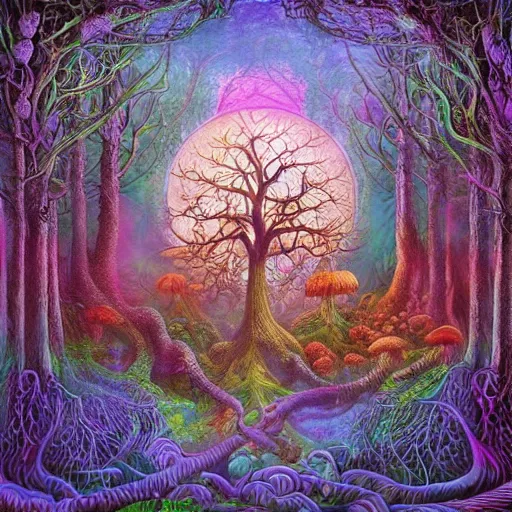 Image similar to psychedelic fantasy forest with glowing mushrooms and eerie trees in the style of Ernst Haeckel and Daniel Merriam, perfect award winning album art