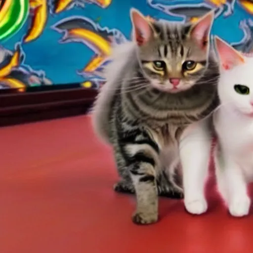 Image similar to screengrab from the video of two cats performing the Dragonball Fusion Dance