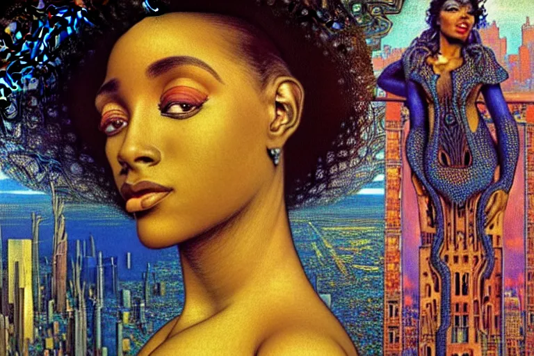 Image similar to realistic extremely detailed closeup portrait painting of a beautiful black woman in a dress with supercomputer robot, city street on background by Jean Delville, Amano, Yves Tanguy, Ilya Repin, Alphonse Mucha, William Holman Hunt, Ernst Haeckel, Edward Robert Hughes, Roger Dean, rich moody colours