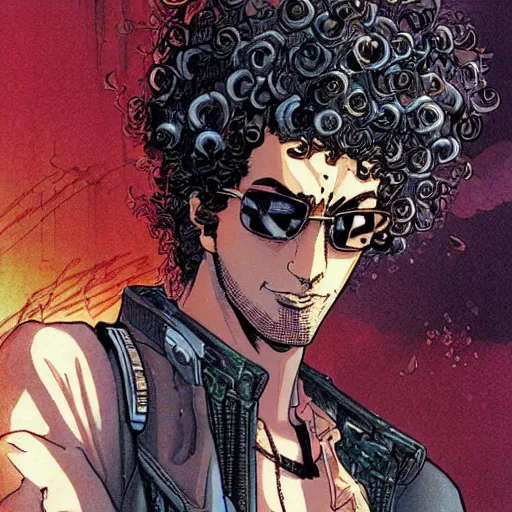 Image similar to a cyberpunk curly-haired persian guy by masamune shirow, digital art, aesthetic