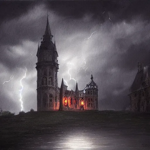 Image similar to dark and stormy eerie gothic castle with lightning, extremely detailed, oil painting, 8k, trending on artstation