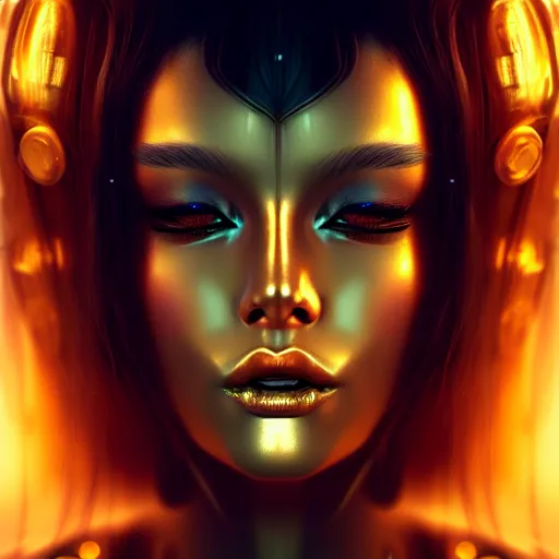 Image similar to face decor on beautiful woman face, gold, liquid, reflection, realistic, cyberpunk art by kuno veeber, cgsociety, computer art, ultra detailed, futuristic, anime aesthetic