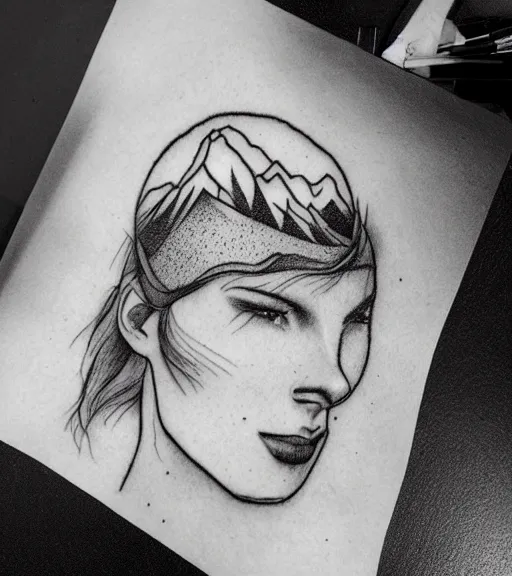 Image similar to amazing fade art of a hyper realistic mountain scenery with a beautiful woman face, tattoo design sketch, in the style of matteo pasqualin, hyper - realistic, amazing detail, black and white