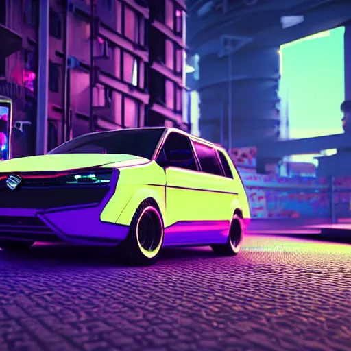 Image similar to Cyberpunk plasma semi-holographic VW W16 in a Russian cyberpunk slum city called Neo Norilsk on the Moon, at night, diverse, lively, Milky way on the sky, blinding sun, sci-fi photorealistic, grainy, 35mm, intricate, very very beautiful, elegant, smooth, cinematic, Unreal Engine 5, by Beeple, trending on Artstation HD