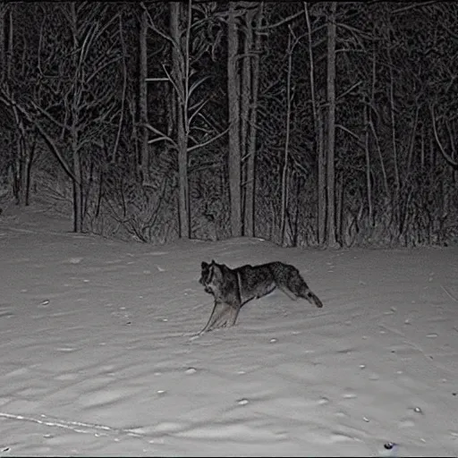 Image similar to trailcam footage of humongous wolf at night