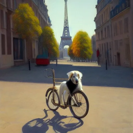 Image similar to young border collie dog riding a bike in paris. edward hopper. faithfully depicted, sharp focus, global illumination, radiant light, detailed and intricate environment, trending on artstation