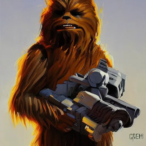 Image similar to greg manchess portrait painting of chewbacca as overwatch character, medium shot, asymmetrical, profile picture, organic painting, sunny day, matte painting, bold shapes, hard edges, street art, trending on artstation, by huang guangjian and gil elvgren and sachin teng