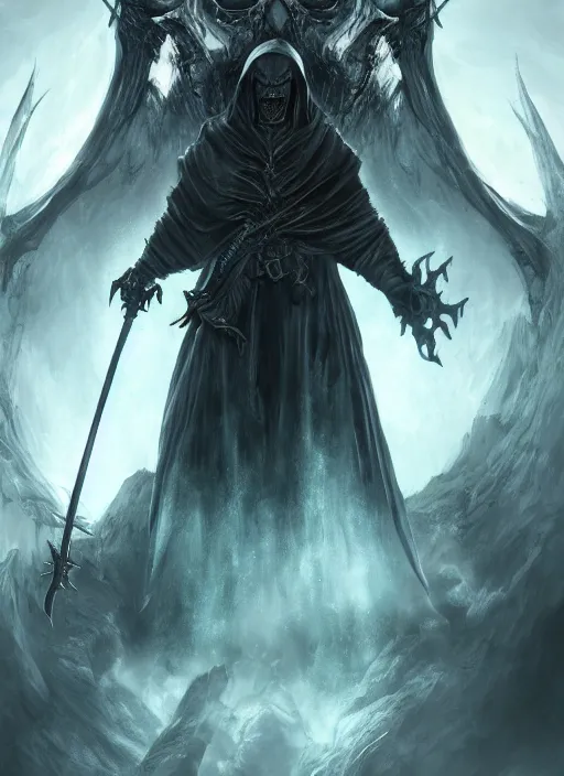 Image similar to grim reaper, ultra detailed fantasy, elden ring, realistic, dnd character portrait, full body, dnd, rpg, lotr game design fanart by concept art, behance hd, artstation, deviantart, global illumination radiating a glowing aura global illumination ray tracing hdr render in unreal engine 5