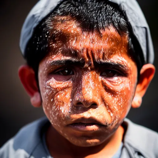 Prompt: A worried Mexican child, with brown skin, dark hair, brown eyes, few wrinkles, skin pores, face is covered with volcanic dust. Wearing a shiny rain coat. Black dusty background. Dramatic contrasting light. Documentary photo. Beautiful photo. Sigma 40mm f/1.4 DG HSM