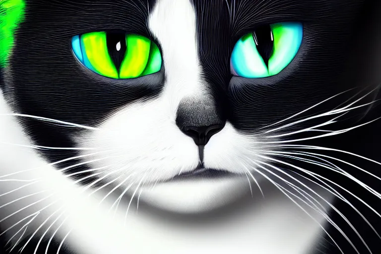 Image similar to a portrait of a beautiful black and white cat in space wearing a tuxedo with colorful bright green eyes, medium shot, hd, 8k, hyper-realism, detailed,