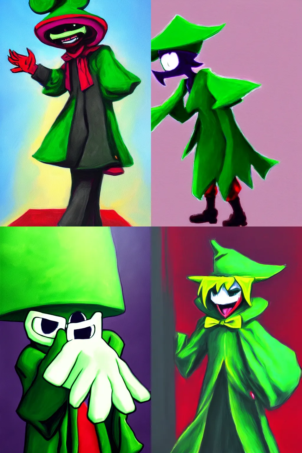 Prompt: a painting of Ralsei from Deltarune waving hello, realistic, featured on DeviantArt, green and red, Tumblr